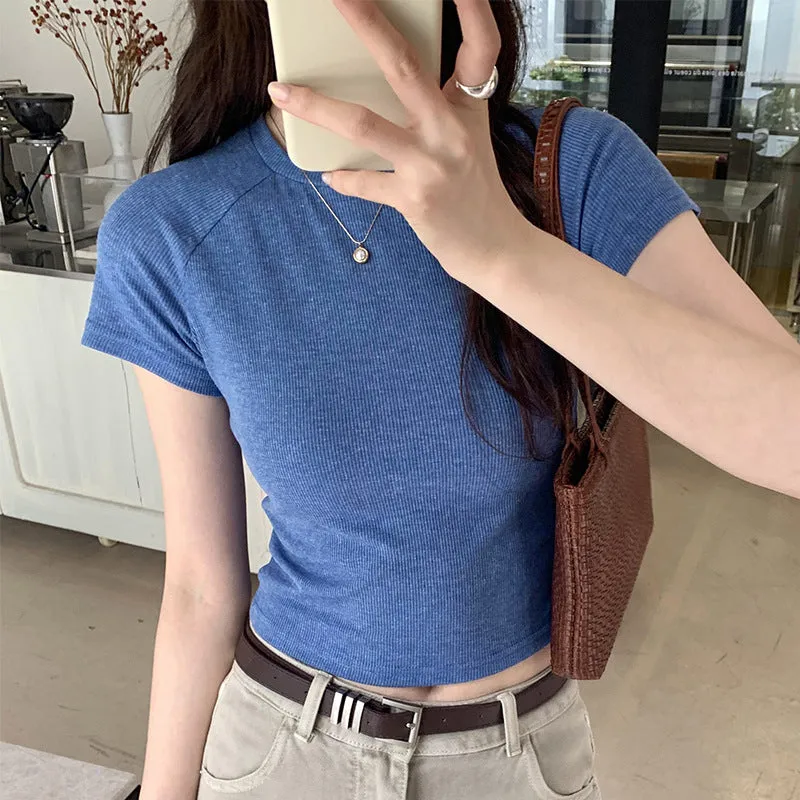 Retro Spice Girl Shoulder Short-Sleeved T-Shirt A New Summer Style Short Blouse With Solid Color And Slim Figure - Image 7