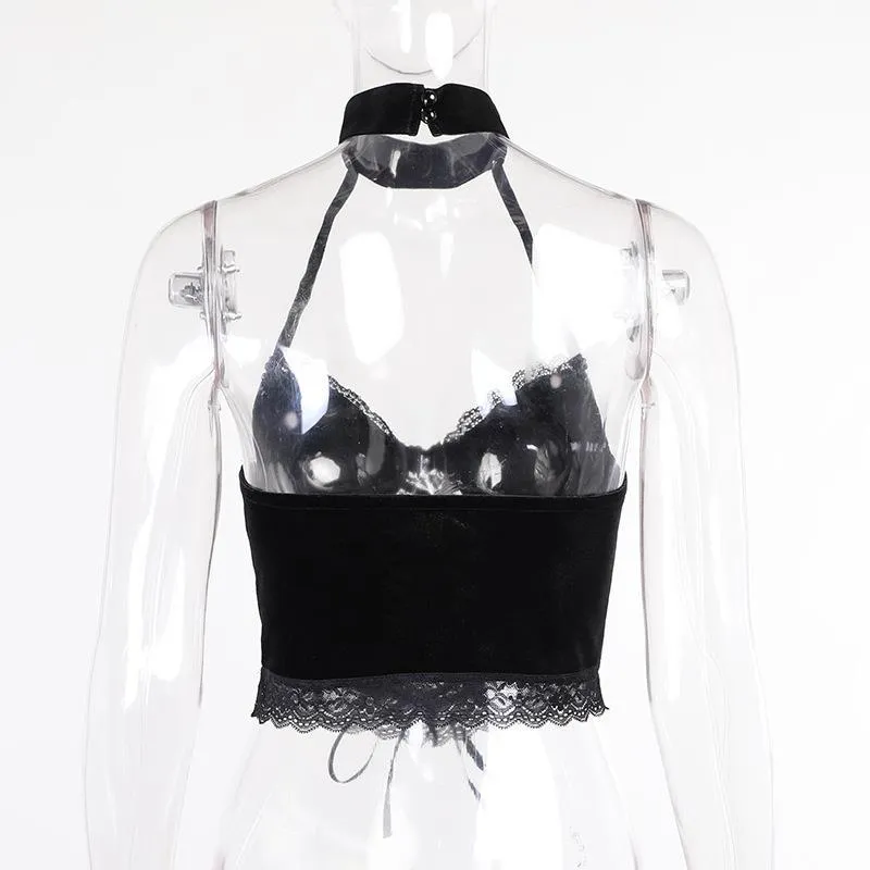 Znbbw Dark Lace Lace Suede Sling Neck Top 2024 Winter Sexy Vest