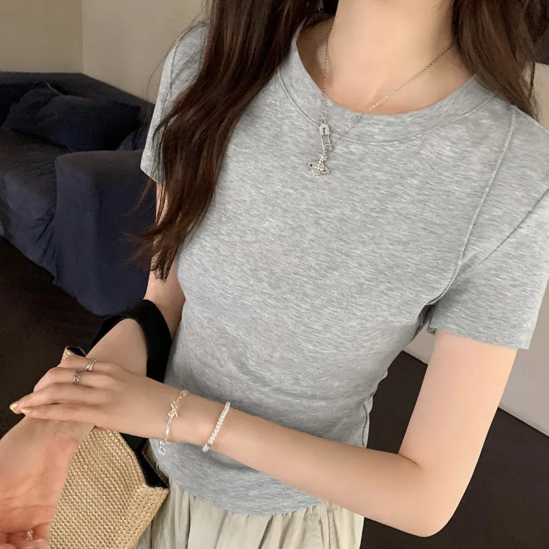 Solid Color Shoulder Short-Sleeved T-Shirt Women's Summer 2024 New Slim And Thin Fishbone Line Base Short Blouse - Image 4