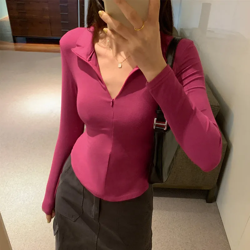 Znbbw Color Slim Stretch Long-Sleeved T-Shirt A New Autumn Tight Blouse With A Thin Lapel And Bottomed Shirt
