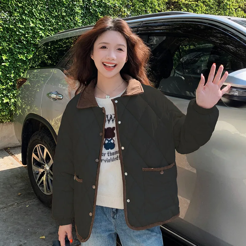 Small Fragrant Wind Diamond Lapel Cotton Coat Female Layer Sense Short Small Loose Lapel Cotton Jacket With Cotton Coat - Image 4