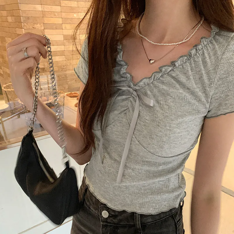 French Style V-Neck Wooden Ear Pleated Short-Sleeved T-Shirt A New Short-Style Foreign-Style Waist Blouse For Women In Summer - Image 5