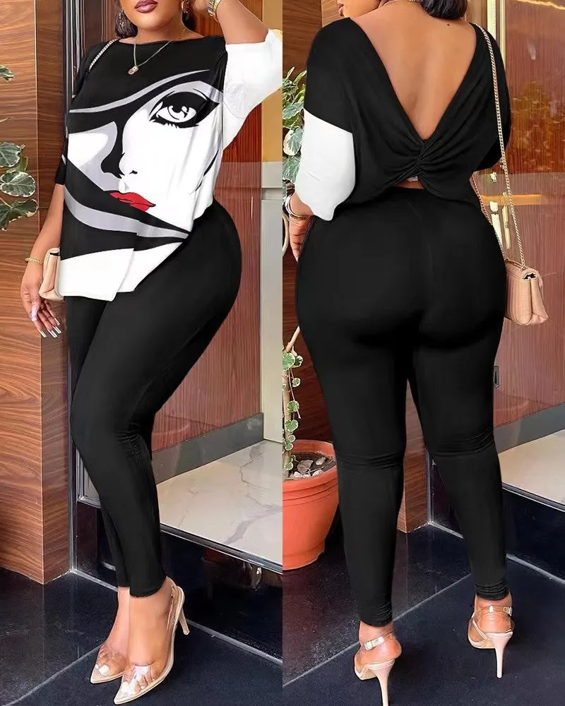 Znbbw Autumn New Women's Fashion Leisure Bare-Back Printed Trousers Suit - Image 6