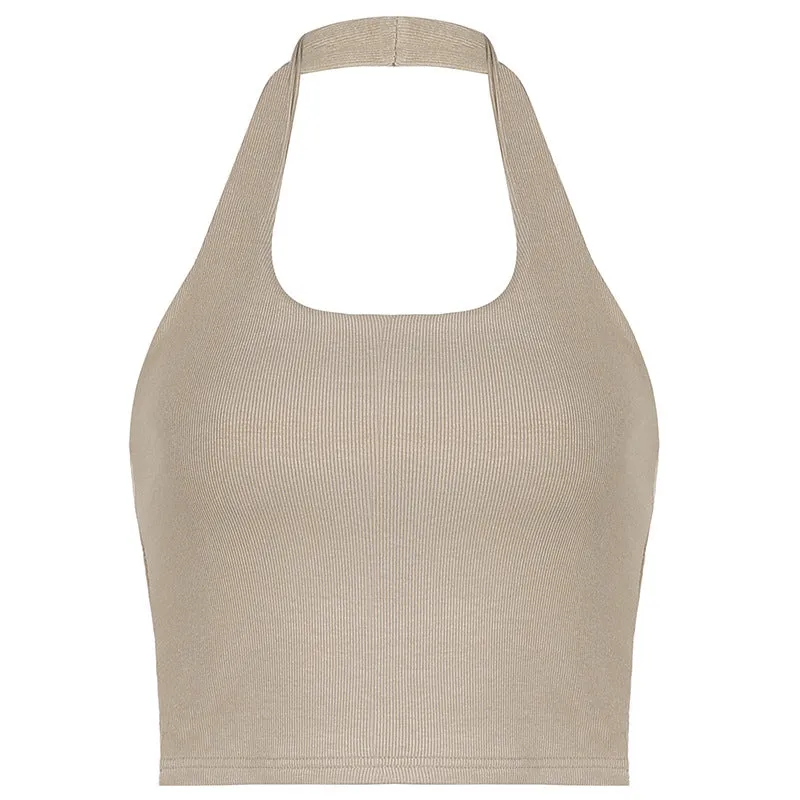 Ins New Women's Wear Fashion Street Photo Hanging Neck Sexy Back Solid Color Tight Short Vest