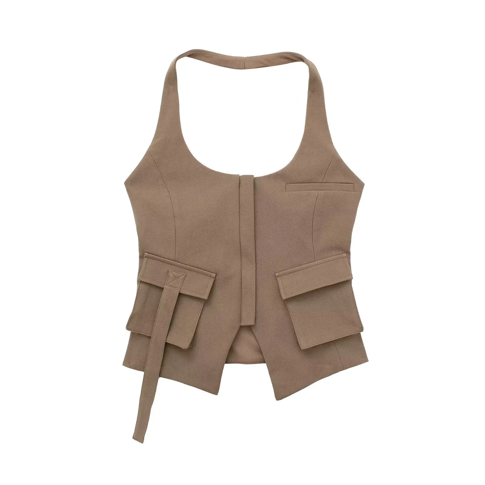 Znbbw New Pocket Decoration Neck Collar Slim Blouse 3067029