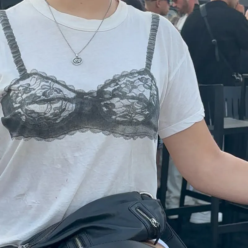 Design Sense Color Lace Perspective Corset Printed T-Shirt 2024 Summer Fashion Loose Casual Short-Sleeved Blouse - Image 3