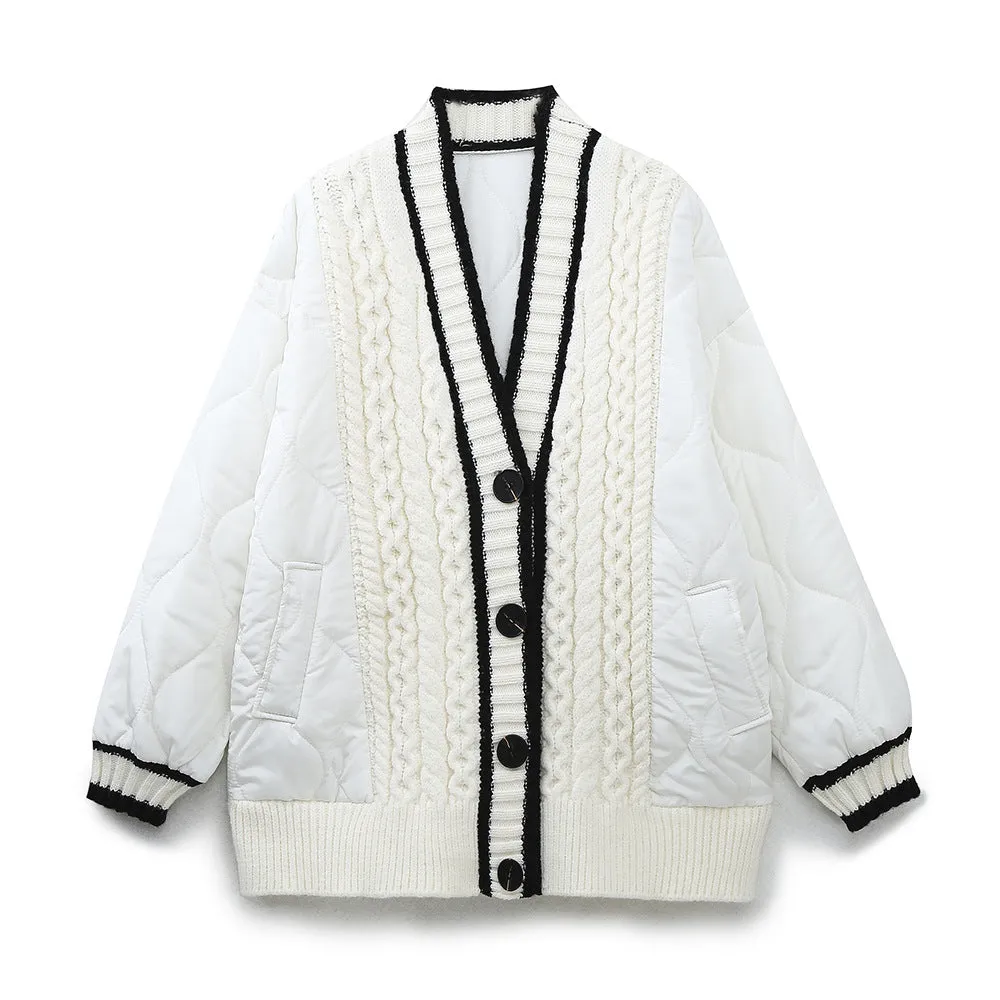 Znbbw And Winter New Tricolor Knitted Spliced V-Collar Loose Version Cotton Jacket - Image 2
