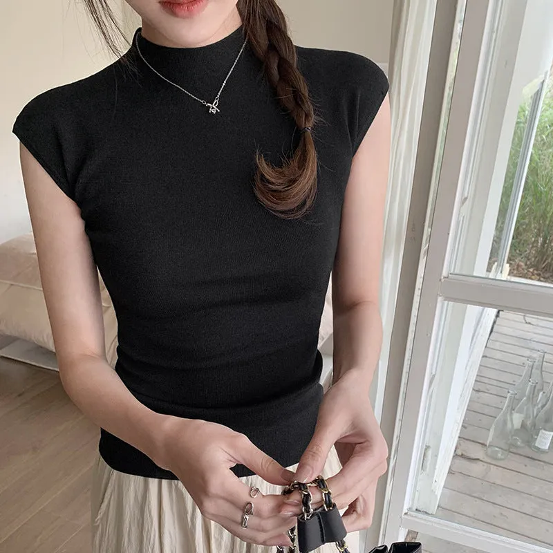 Black Style Round-Neck Knitted Short-Sleeved T-Shirt Women's Summer New Tight And Thin Undercoat - Image 3