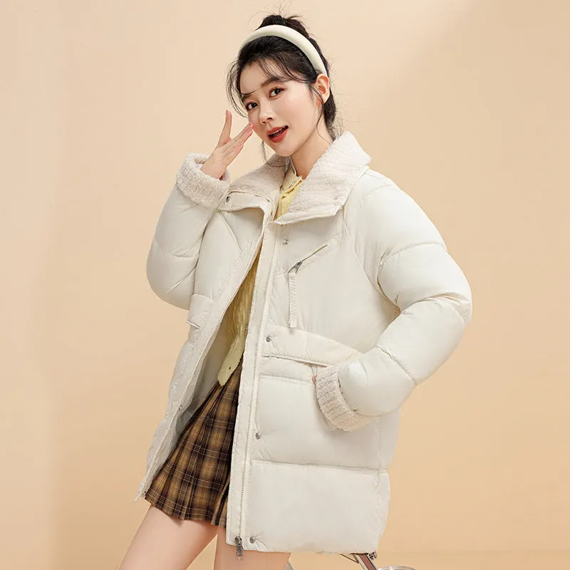 Down Cotton Jacket Female Winter 2024 New Loose Lamb Wool Collar Cotton-Padded Jacket And Thick Coat