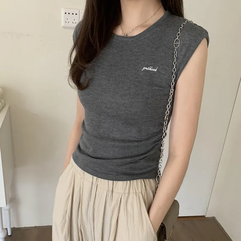 Round-Necked Sleeveless Knitted Embroidered Letter T-Shirt Women's Summer New Fold Waist Early Spring Dress Temperamental Vest - Image 7