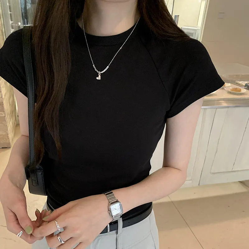 Basic T-Shirt With Shoulder, Round Neck And Short Sleeves, New Slim, High-Waisted, Short-Color Blouse For Women In Spring And Summer - Image 6