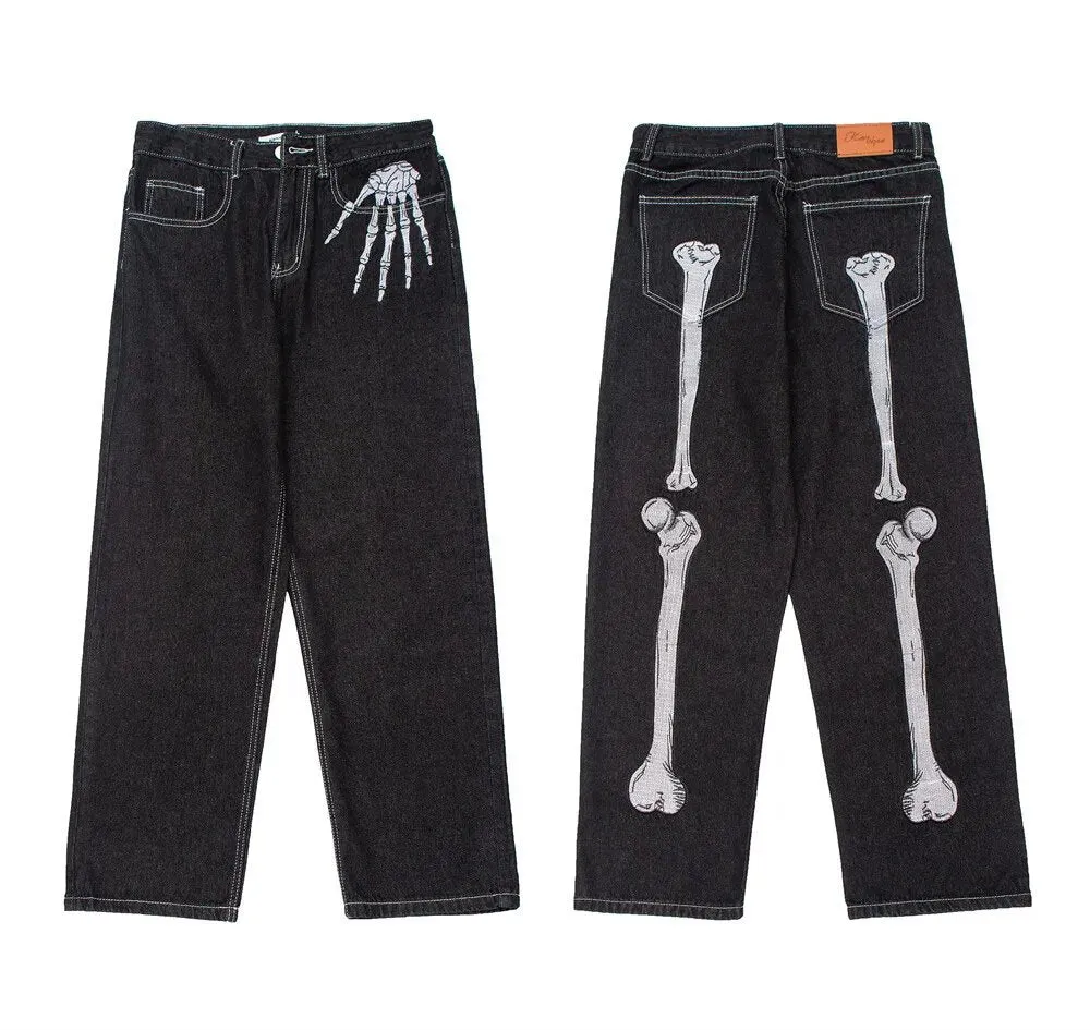 Znbbw Street Skeleton Black Jeans Men's Hip-Hop Straight Loose Harajuku Casual Floor Jeans
