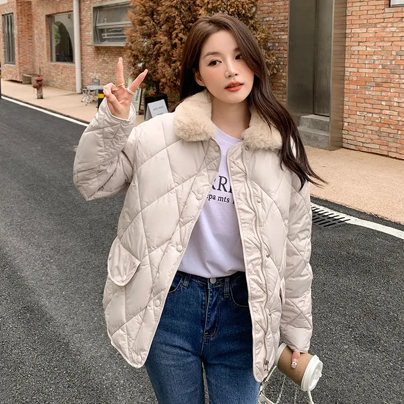 Sense Splicing Lamb Wool Collar Light Diamond Cotton Clothes Female Autumn And Winter New Korean Version Of Chic Casual Warm Cotton-Padded Jacket - Image 3