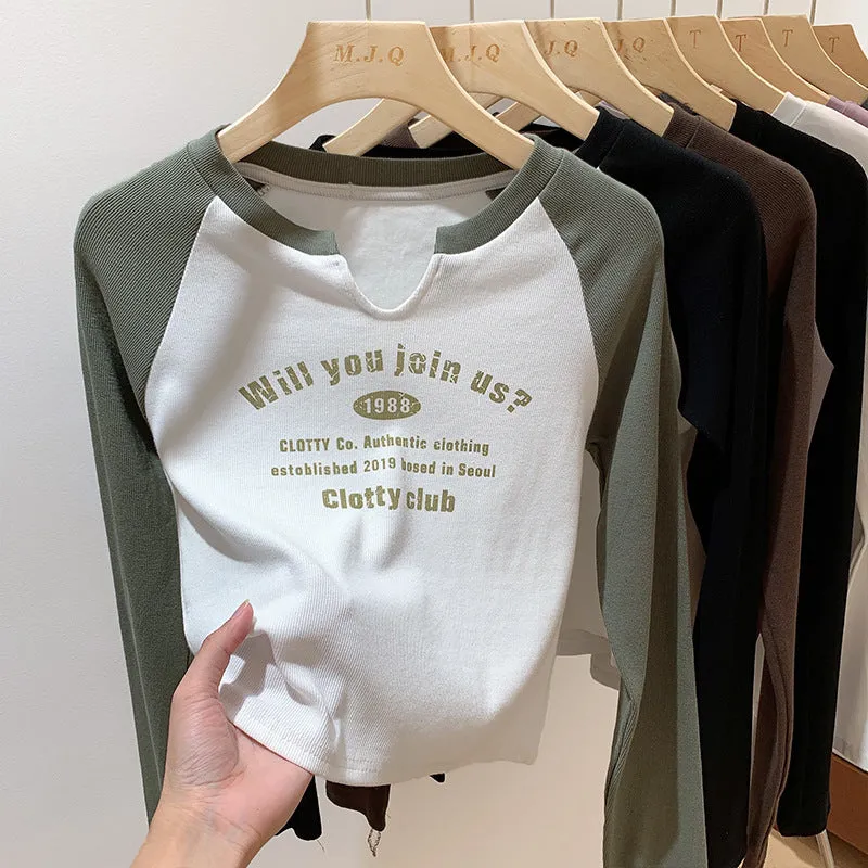 European Shoulder V-Collar T-Shirt Women's Long-Sleeved Spring And Autumn Decoration With Threaded Bottomed Shirt And Short High-Waist Chic Blouse - Image 6