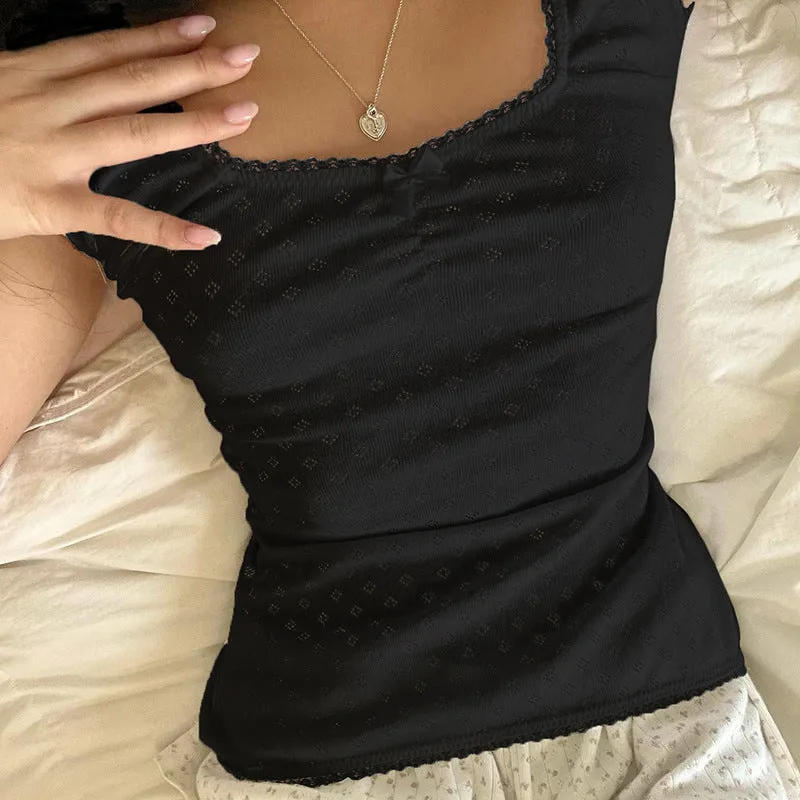 Gentle Style Small Lace Pleated Square Collar Short-Sleeved T-Shirt Ins Girls Fresh Wear Bare-Back Blouse 2024 - Image 9