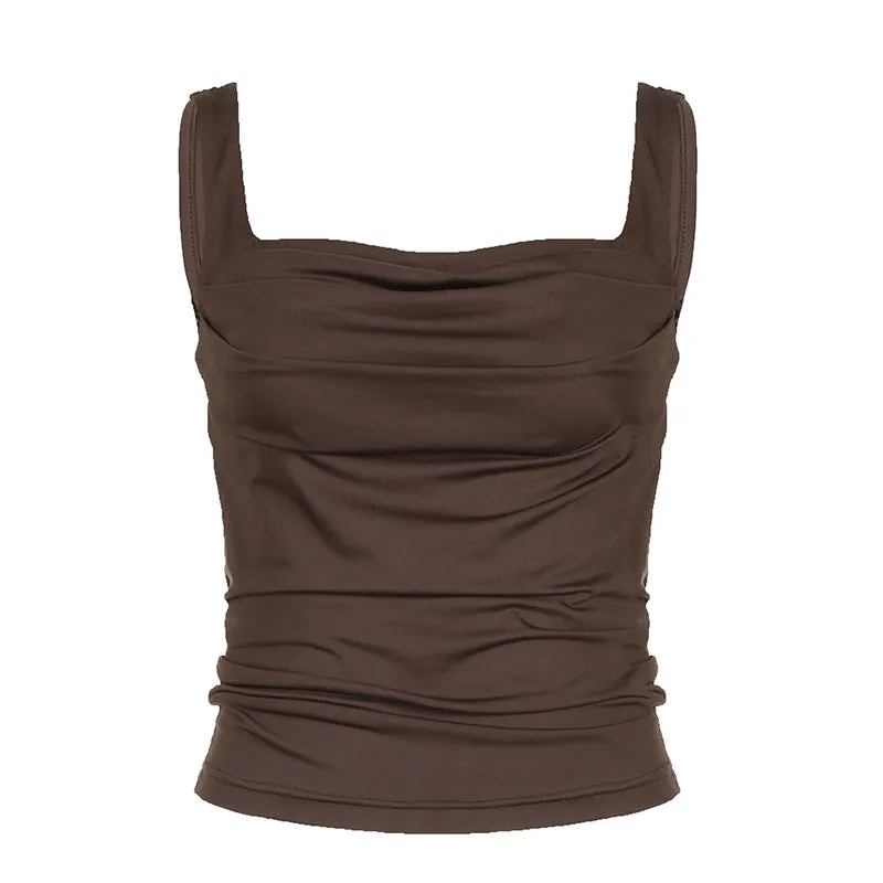 Ins Trend Solid Color Fold Design Square Collar Slim, Basic, Simple Sling Vest, New Summer Style - Image 3