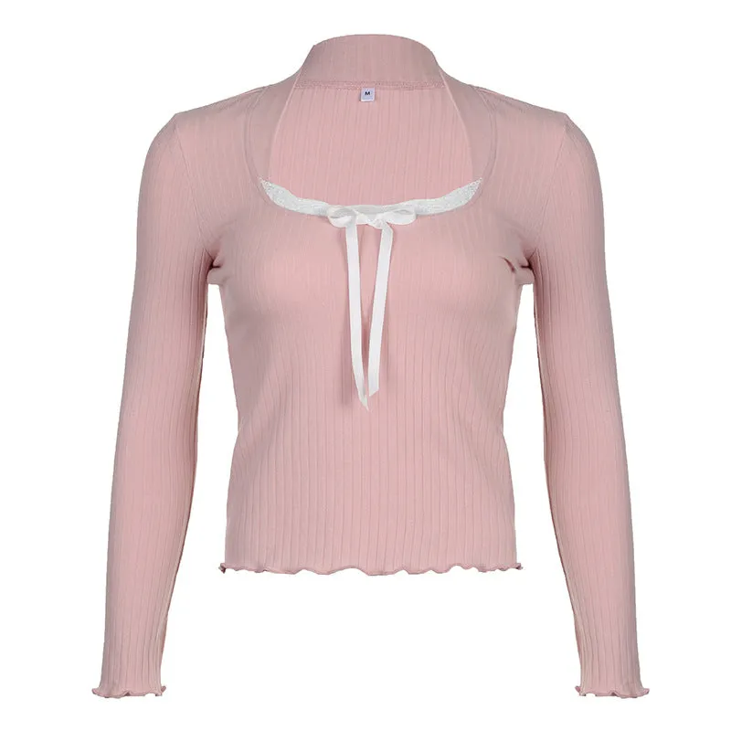 French Sweet Girl Lace Bow Stitched Pink Long-Sleeved T-Shirt 2025 New Slim U-Collar Blouse