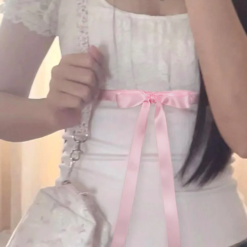 Sweet And Spicy Square Collar Lace Stitching Pink Bow Tie With Bubble Sleeves Slim T-Shirt 2024 - Image 2