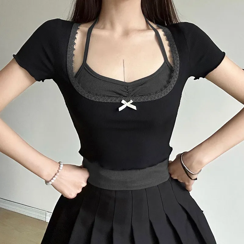 French Bow Square Collar Waist Shows Thin Collision Color Two-Piece T-Shirt Sweet Girl Hanging Neck Short-Sleeved Blouse - Image 3