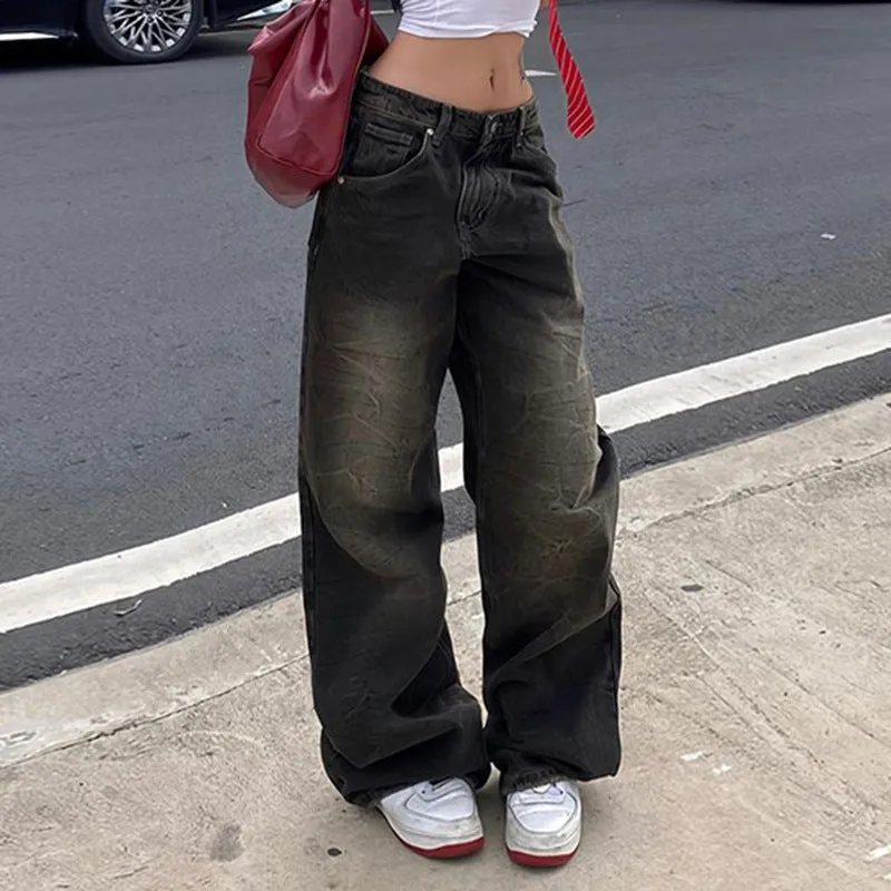 Retro High-Waisted Loose Wash Street Simple Straight Casual Pants 2024 Textured Fabric Jeans - Image 2