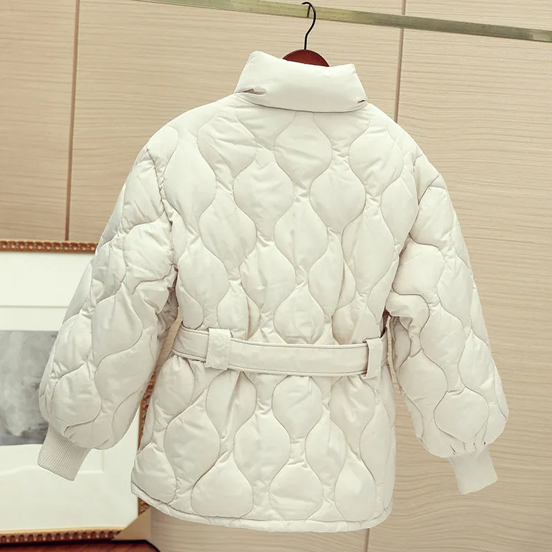Chic Autumn And Winter French Gentle Standing Collar Wave Embossed Design With Waist Long Sleeve Padded Coat Female - Image 2