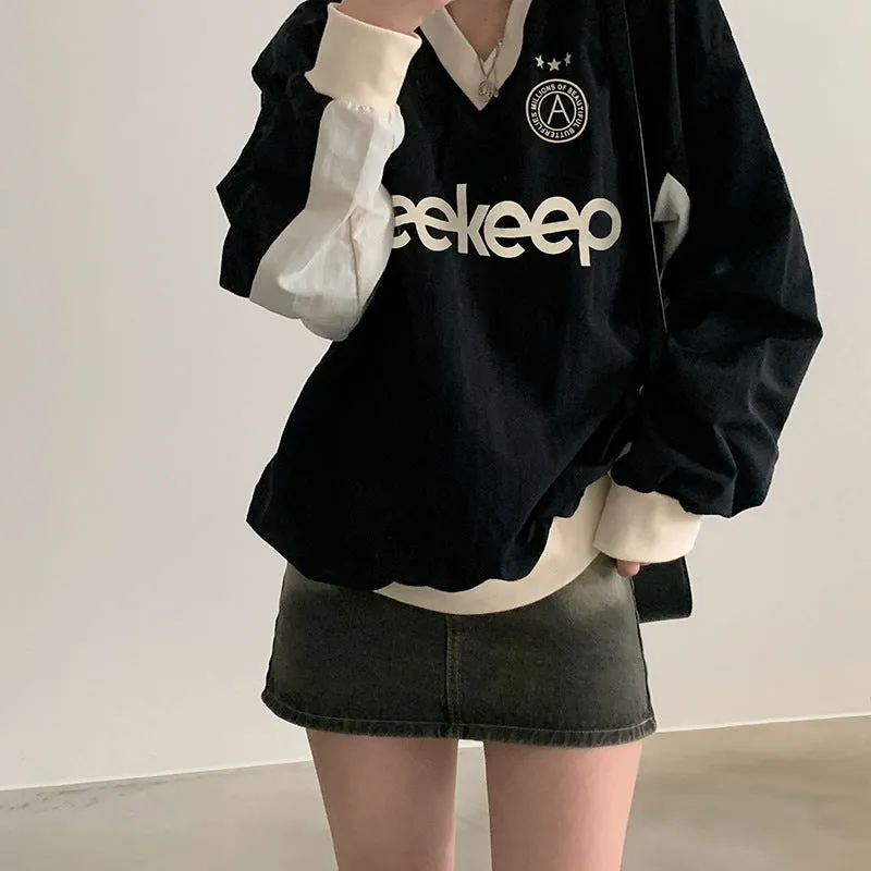 Leisure Fashion Color Letter Printed Baseball Blouse 2025 Loose V-Collar Medium And Long Woven Long-Sleeved T-Shirt In Early Autumn - Image 5