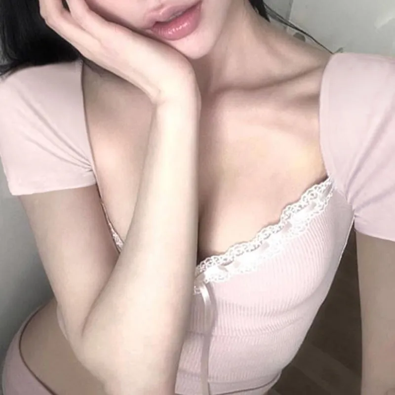 Hot Girls Sexy Lace Tie Square Tie Bow Tie Waist Knitted Short-Sleeved Blouse Pure Desire Short T-Shirt - Image 2