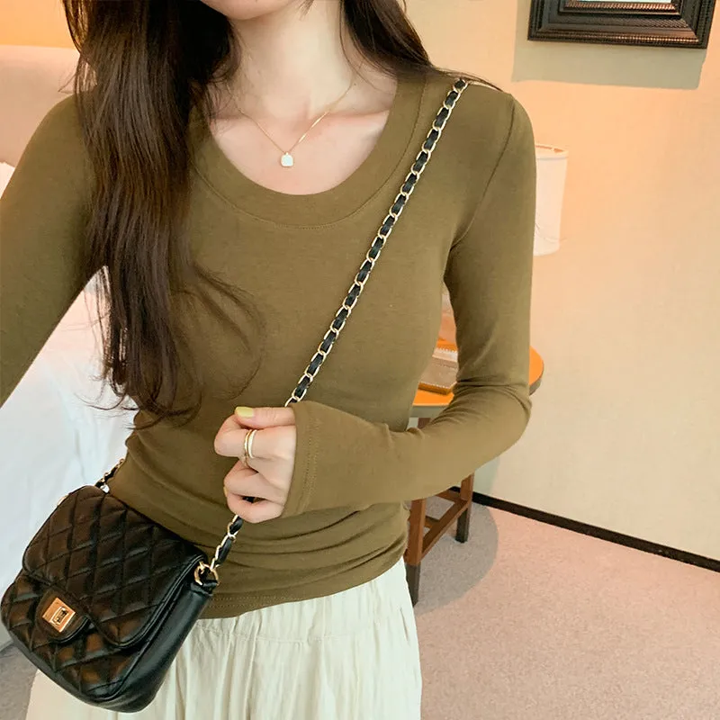 Znbbw Round-Neck Ins Long-Sleeved Blouse Women's New Autumn Solid Color Cashmere Basic Slim Bottomed Blouse