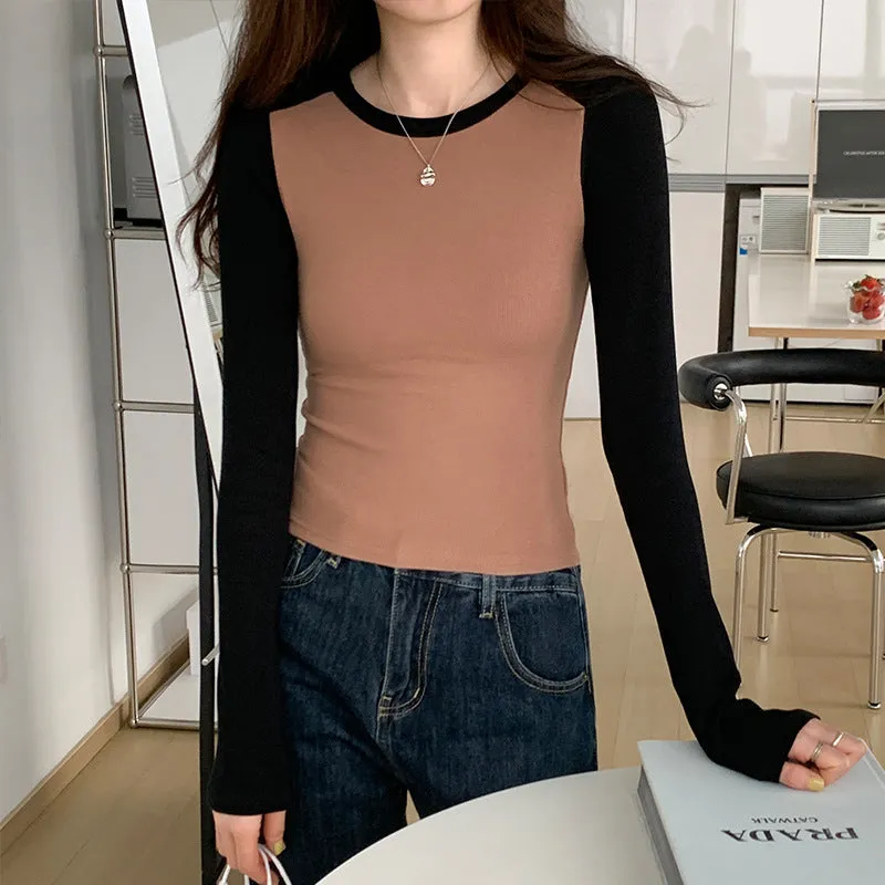 A Long-Sleeved T-Shirt With A Long Sleeved T-Shirt And A Short-Style Early Spring High-Waist Design Blouse