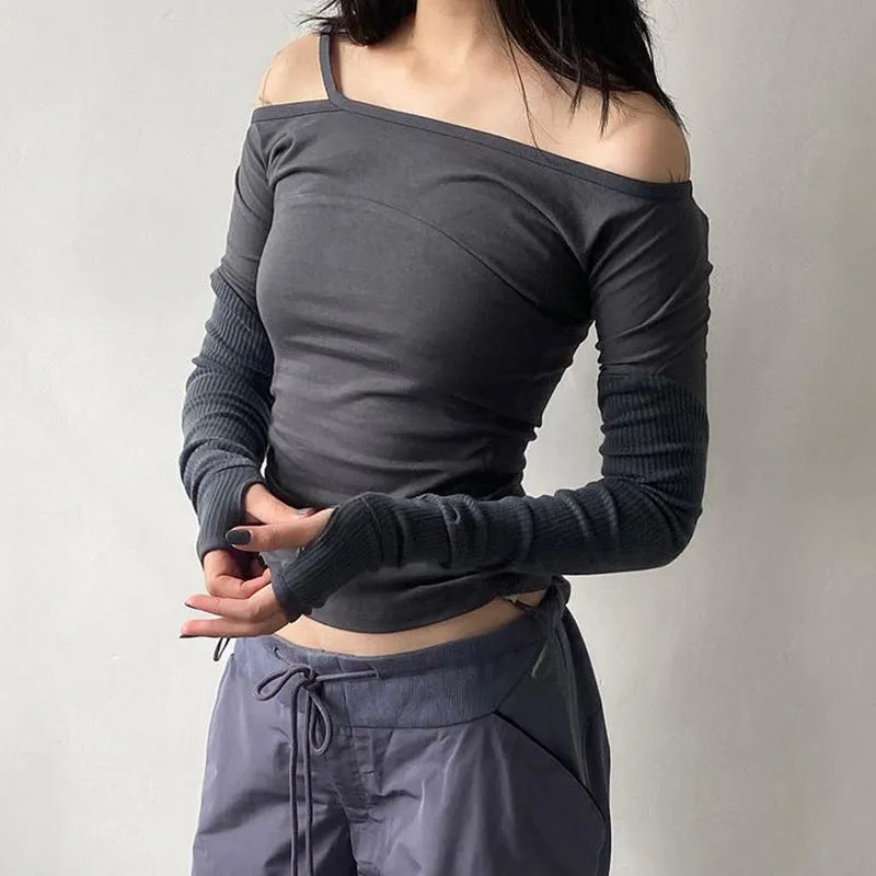 Spicy Girl Style Solid Color Collar Shoulder Rope Slim Long-Sleeved Functional T-Shirt 2024 Spring New Style - Image 3