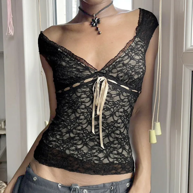 Hot Girl V-Collar, Low-Cut, Sexy, Slim, Bare Back With Lace Solid Color Sleeveless T-Shirt Summer Style - Image 4