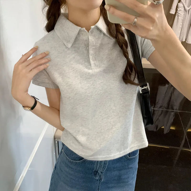 Pure Hot Girls Polo Collar Solid Color Short-Sleeved T-Shirt Women's Summer New Design Style Basic Style Blouse - Image 6