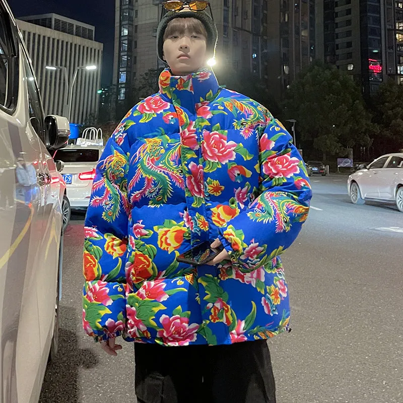 Big Flower Cotton-Padded Jacket Men And Women China-Fashion Chinese Wind Peony Flowers Add Thick Cotton Clothes Winter Warm Coat Oversize - Image 8