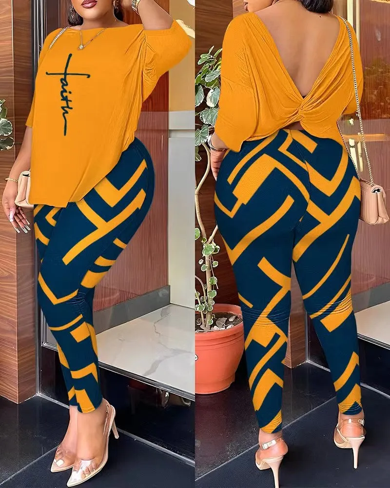 Znbbw Autumn New Women's Fashion Leisure Bare-Back Printed Trousers Suit - Image 2