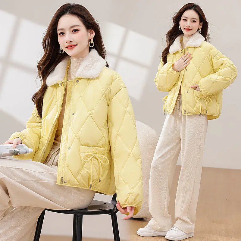 Style Cotton-Padded Clothes Women 2024 New Winter New Chinese Cotton-Padded Jacket Bow Splicing Wool Collar Thick Coat Women's Clothing - Image 3