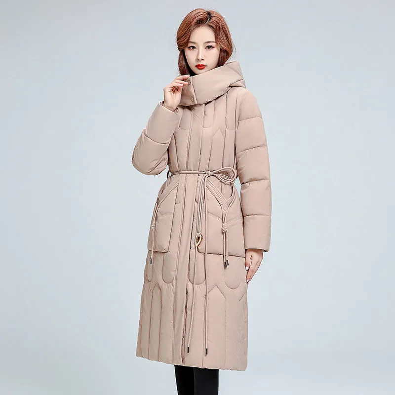 Hooded Warm Cotton-Padded Jacket 2024 New Winter Korean Version Of The Waist Show Thin Pure Color Cotton-Padded Coat Mother Coat - Image 4