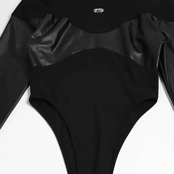 Znbbw Autumn New Dark Fashion Sexy Slim Leather Spliced Long-Sleeved Jumpsuit Women's Dress - Image 7