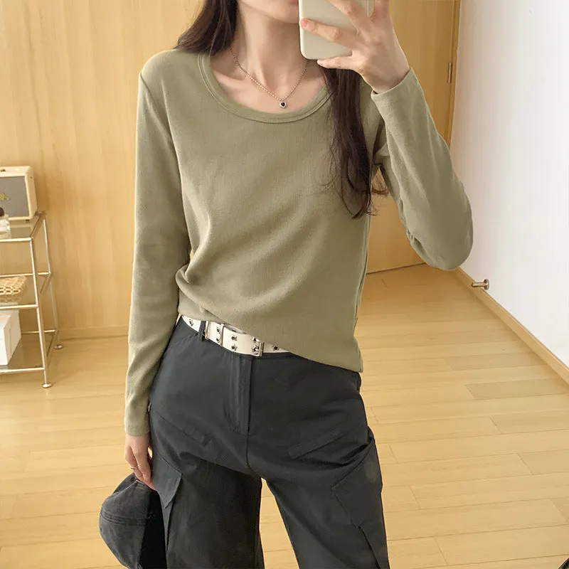 Znbbw Color U-Collar Long-Sleeved T-Shirt Women's Early Autumn New Loose-Fitting Short Top Threaded Cotton Bottomed Shirt