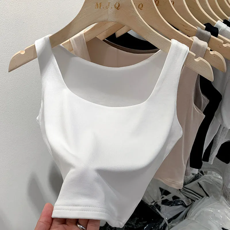 White Sling Vest Women's Suit With Cover, Breast Wide Shoulder Straps, Sleeveless T-Shirt, Square Collar, Bottom Top, Summer Outside. - Image 4