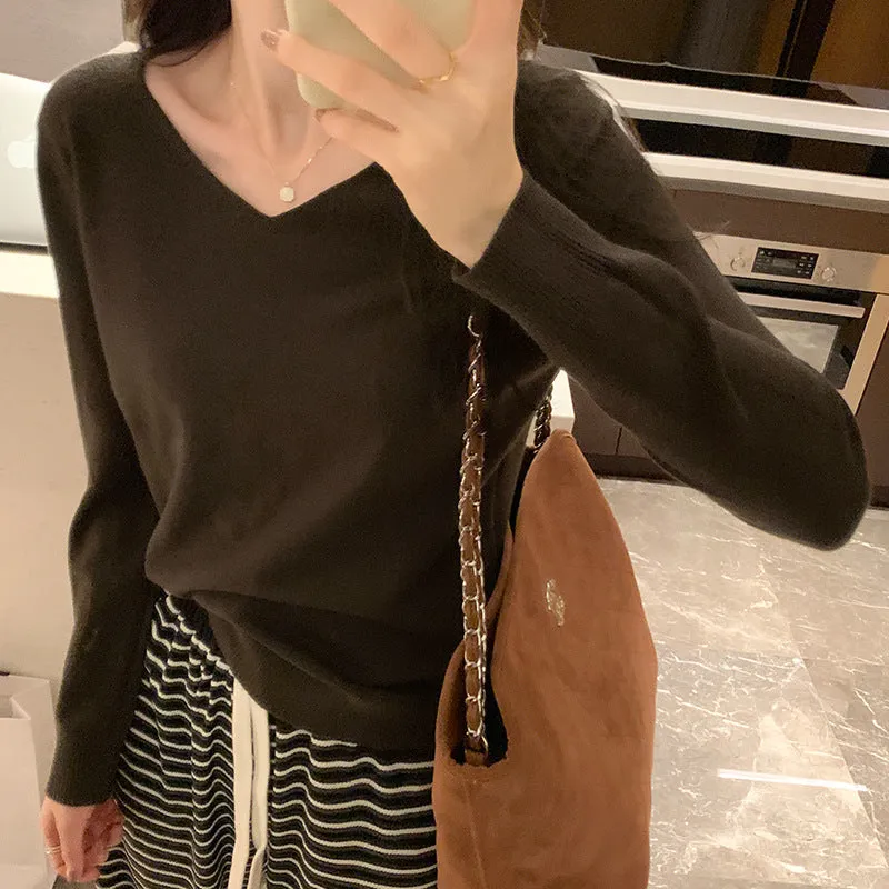 Znbbw V-Collar Solid Color Long-Sleeved Warm Bottomed Sweater For Women To Wear A New Loose Sweater In Autumn And Winter - Image 4