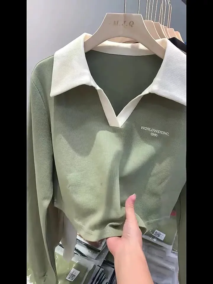 European Short Style Polo Shirt Embroidered Alphabet Design Sense Minority Lapel Clavicle V-Collar Blouse Long-Sleeved T-Shirt Women's Autumn - Image 9