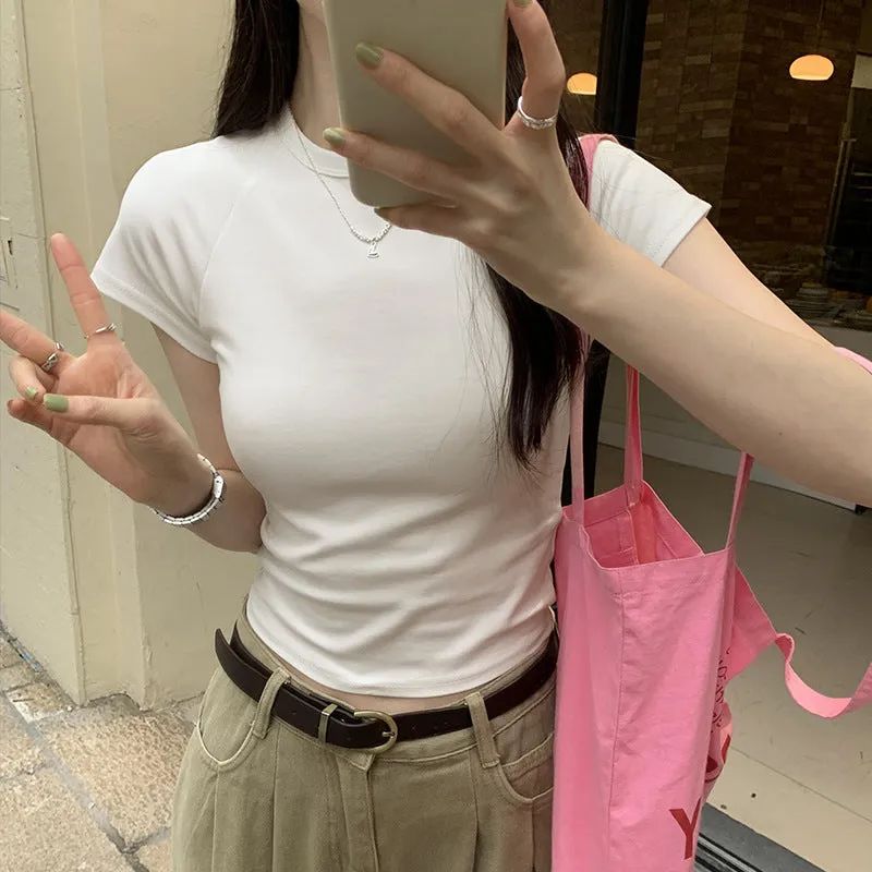 Basic T-Shirt With Shoulder, Round Neck And Short Sleeves, New Slim, High-Waisted, Short-Color Blouse For Women In Spring And Summer - Image 3