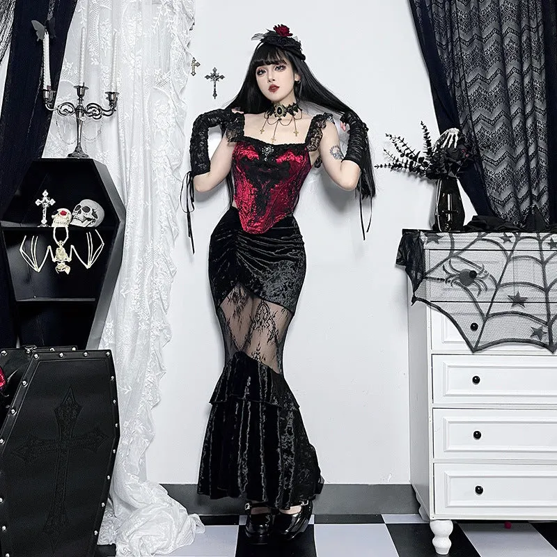 Znbbw Autumn New Sexy Perspective Embossed Skirt Dark Style Velvet Lace Spliced Half Skirt Girl - Image 6