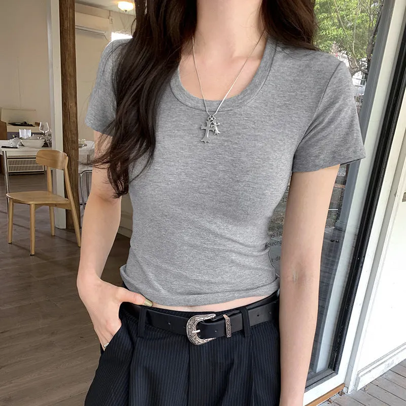 Korean Version Of The New Solid Color U-Collar Short-Sleeved T-Shirt Women's 2024 New Spring And Summer Style Slim And Slim Blouse - Image 7