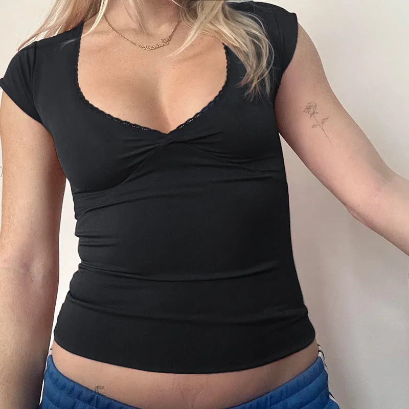 Hot Girls Sexy V-Collar Lace Stitching Solid Color Short-Sleeved Basic Casual Short-Sleeved Blouse 2024 Summer New Style - Image 3