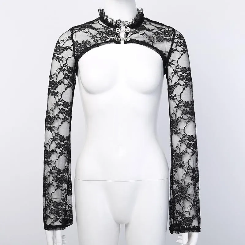 Znbbw Horn Sleeve Black Collar V Inner Blouse The Court Tight Long-Sleeved Perspective Lace Bottomed Shirt