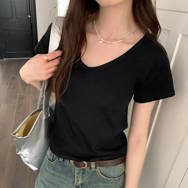 Simple V-Collar Solid Color T-Shirt Small Short-Sleeved T-Shirt Women's New Slim And Thin Underwear In Summer - Image 10