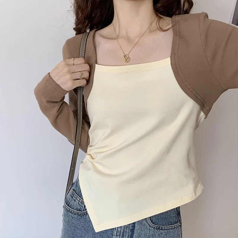 Autumn And Winter Color Positive Shoulder Fake Two Square Collar Blouses Women's Spring And Autumn Splicing Irregular Design Feeling Bottom Short T-Shirt - Image 7