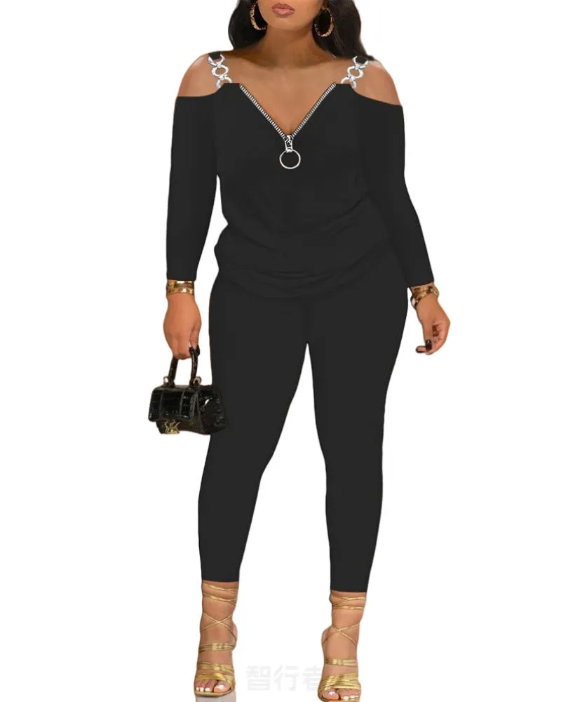 Znbbw Autumn And Winter Women's Wear New Shoulder Spliced Long-Sleeved Printed Trousers Two Sets - Image 5