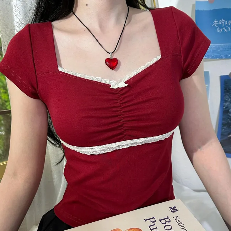 Retro Sweet And Spicy Wind, Bow Tie, Lace, Lace, Short-Sleeved T-Shirt, Summer Square Collar, Slim Blouse - Image 6